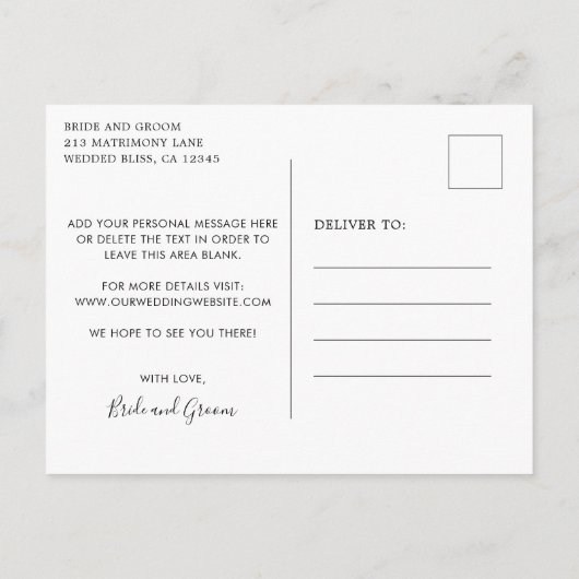 Einfache Schwarz-Weiß-Hochzeit speichern Sie das D Ankündigungspostkarte (Rückseite)