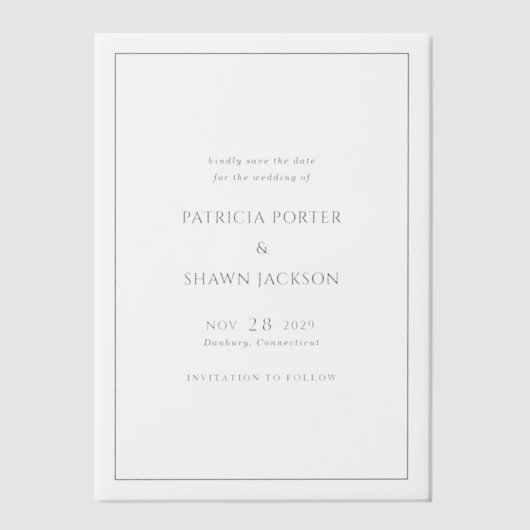 Einfache Schwarz-Weiß-Hochzeit speichern Sie das D Pergament Einladungen (Vorderseite)