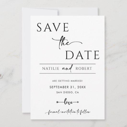 Einfache Schwarz-Weiß-Hochzeit speichert das Datum Einladung (Vorderseite)