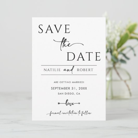 Einfache Schwarz-Weiß-Hochzeit speichert das Datum Einladung (Stehend Vorderseite)