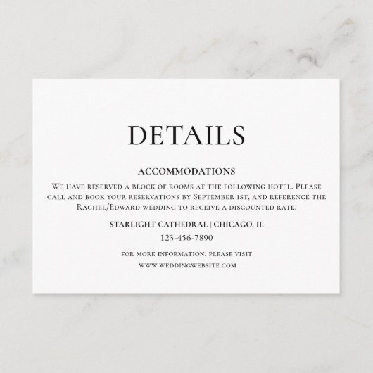 Einfache Schwarz-Weiß-Hochzeitsdetails Begleitkarte (Vorderseite)