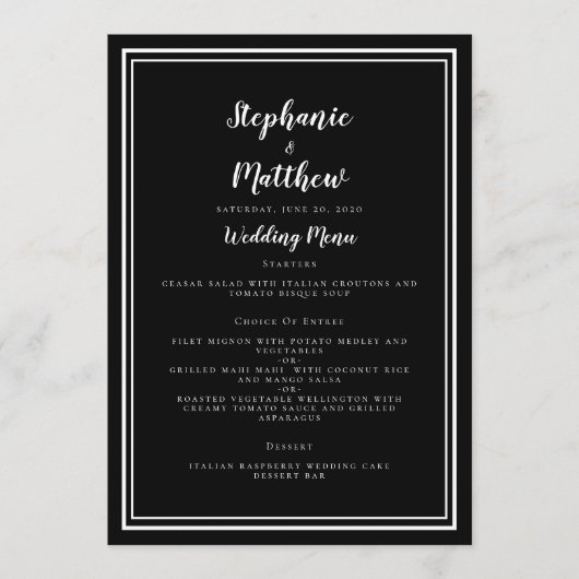 Einfache Schwarz-Weiß-Hochzeitsmenü Klassisch Gera Menükarte (Vorderseite)
