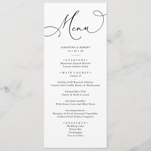 Einfache Schwarz-Weiß-Hochzeitsmenü Menükarte (Vorderseite)