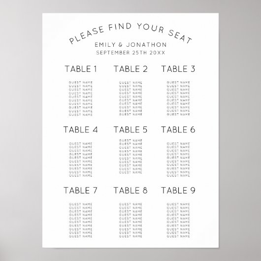 Einfache Schwarz-Weiß-Hochzeitstabelle Poster (Vorne)