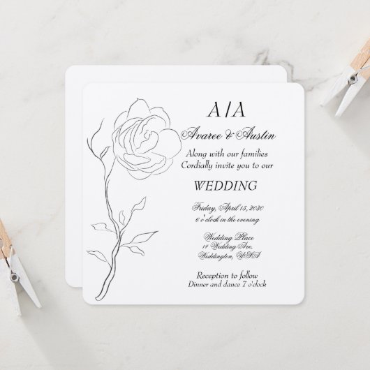 Einfache Schwarz-Weiß-Jasmine-Stem Einladung (Vorderseite/Rückseite Beispiel)