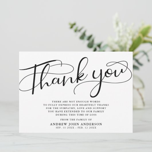 Einfache Schwarz-Weiß-Kalligrafie-Beerdigung Dankeskarte (Stehend Vorderseite)