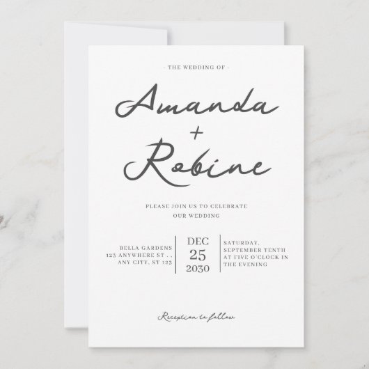 Einfache Schwarz-Weiß-Kalligrafie-Hochzeit Einladung (Vorderseite)