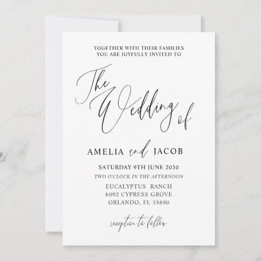 Einfache Schwarz-Weiß-Kalligrafie QR-Hochzeit Einladung (Vorderseite)