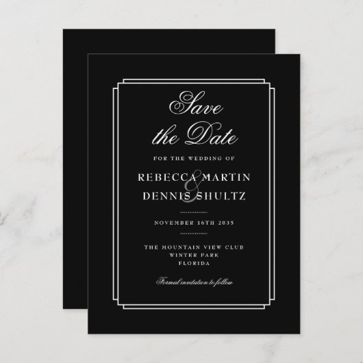 Einfache Schwarz-Weiß-Klassik-Deko Save the Date Ankündigungspostkarte (Vorne/Hinten)