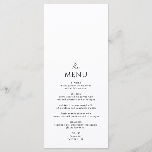 Einfache Schwarz-Weiß-Klassik-Hochzeit Menükarte (Vorderseite)