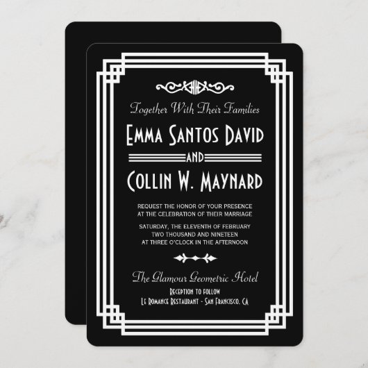 Einfache Schwarz-Weiß-Kunst-Déco Hochzeit Einladun Einladung (Vorne/Hinten)