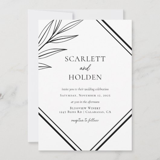 Einfache Schwarz-Weiß-Leaf-Hochzeit Einladung (Vorderseite)
