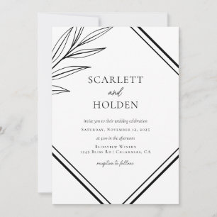 Einfache Schwarz-Weiß-Leaf-Hochzeit Einladung