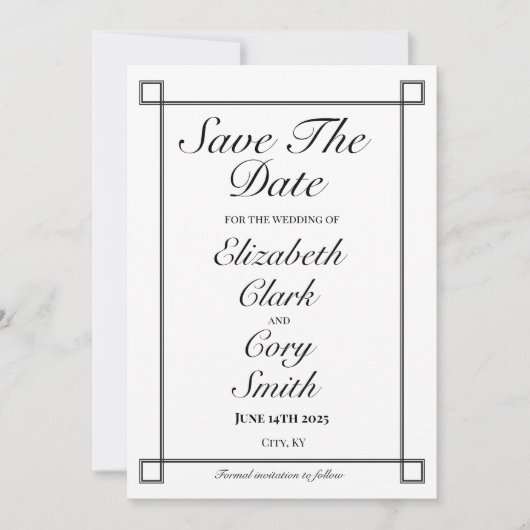 Einfache Schwarz-Weiß-Minimalistische Elegance Hoc Save The Date (Vorderseite)