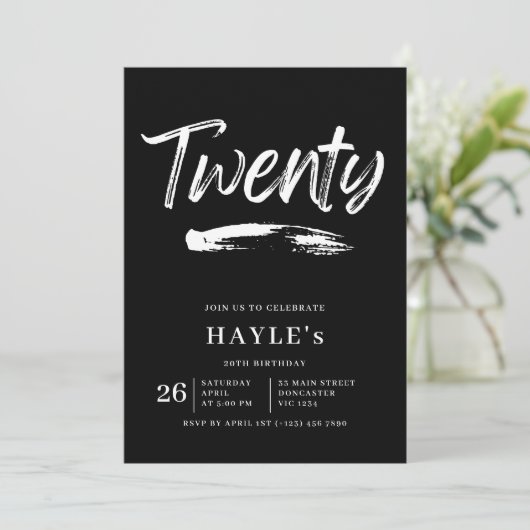 Einfache Schwarz & Weiß Moderne Brush 20. Geburtst Einladung (Stehend Vorderseite)