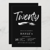 Einfache Schwarz & Weiß Moderne Brush 20. Geburtst Einladung (Vorne/Hinten)