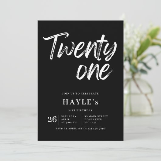 Einfache Schwarz & Weiß Moderne Brush 21. Geburtst Einladung (Stehend Vorderseite)