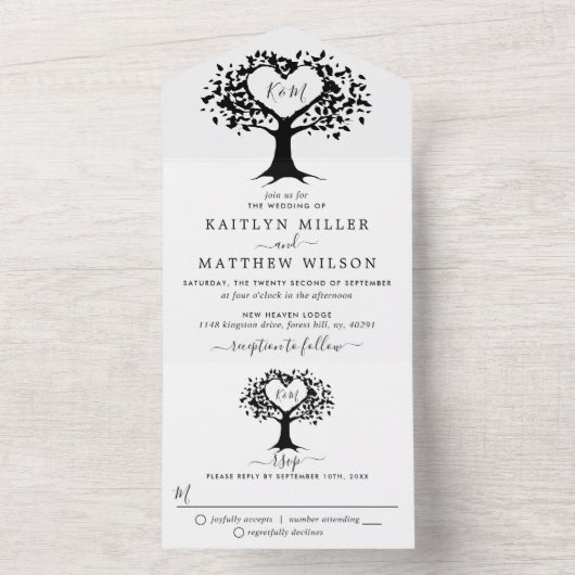 Einfache Schwarz-Weiß-Monogram-Herz-Hochzeit All In One Einladung (Innen Boden)