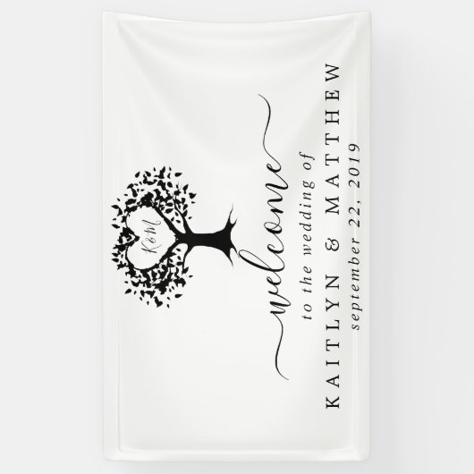 Einfache Schwarz-Weiß-Monogram-Herz-Hochzeit Banner (Vertikal)