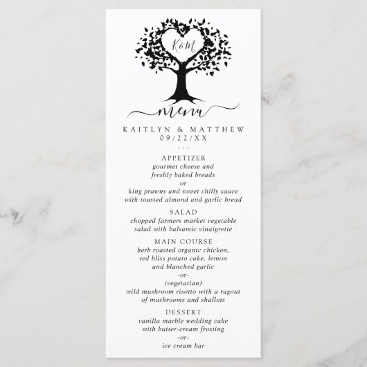 Einfache Schwarz-Weiß-Monogram-Herz-Hochzeit Menükarte (Vorderseite)