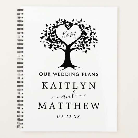 Einfache Schwarz-Weiß-Monogram-Herz-Hochzeit Planer (Vorderseite)