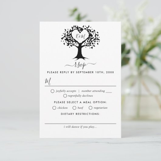 Einfache Schwarz-Weiß-Monogram-Herz-Hochzeit RSVP Karte (Stehend Vorderseite)