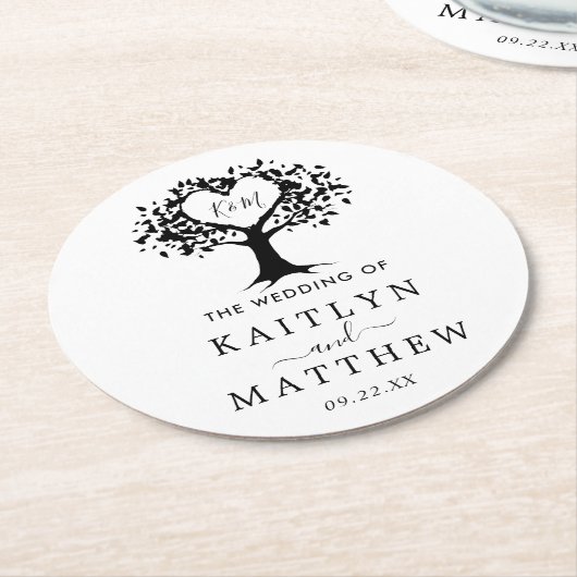 Einfache Schwarz-Weiß-Monogram-Herz-Hochzeit Runder Pappuntersetzer (Angewinkelt)