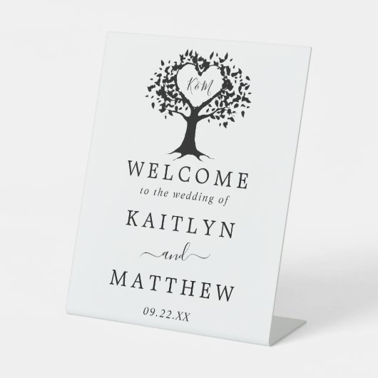 Einfache Schwarz-Weiß-Monogram-Herz-Hochzeit Sockelschild (Vorderseite)