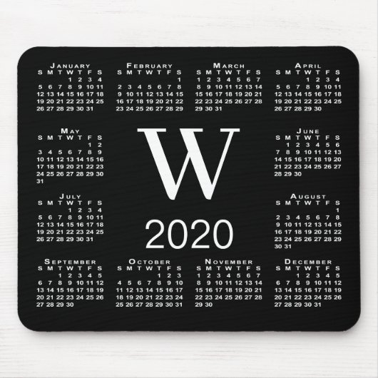 Einfache Schwarz-Weiß-Monogramm 2020-Kalender Mousepad (Vorne)
