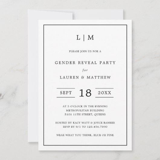 Einfache Schwarz-Weiß-Monogramm-Genderdarstellung Einladung (Vorderseite)