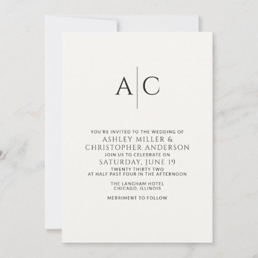 Einfache Schwarz-Weiß-Monogramm-Hochzeit Einladung (Vorderseite)