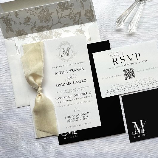 Einfache Schwarz-Weiß-Monogramm-Hochzeit QR-UAWG Begleitkarte