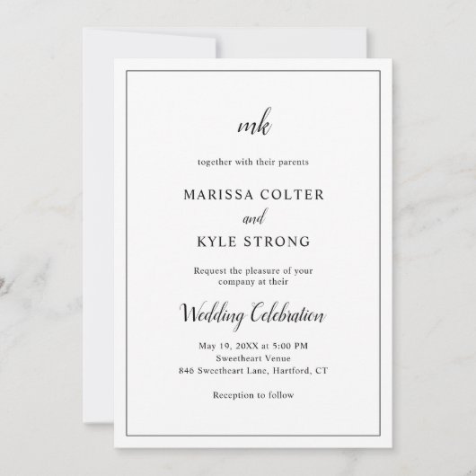 Einfache Schwarz-Weiß-Monogramm Moderne Hochzeit Einladung (Vorderseite)