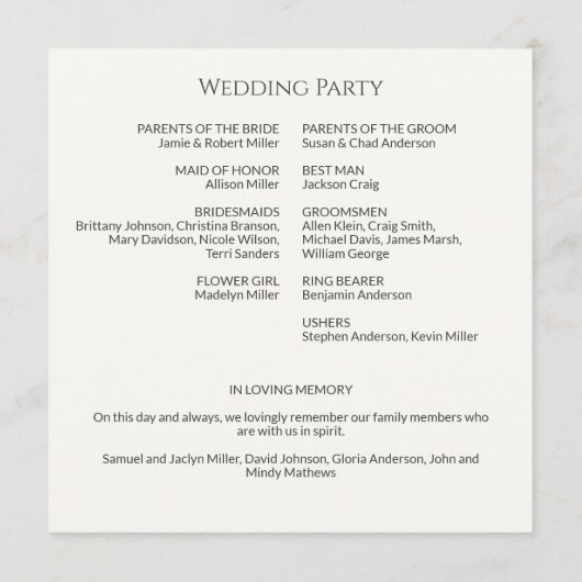 Einfache Schwarz-Weiß-Monographie-Hochzeit Programm (Rückseite)