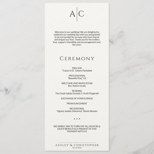 Einfache Schwarz-Weiß-Monographie-Hochzeit Programm (Vorderseite)