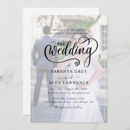 Einfache Schwarz-Weiß-Overlay-Foto-Hochzeit Einladung (Vorne/Hinten)