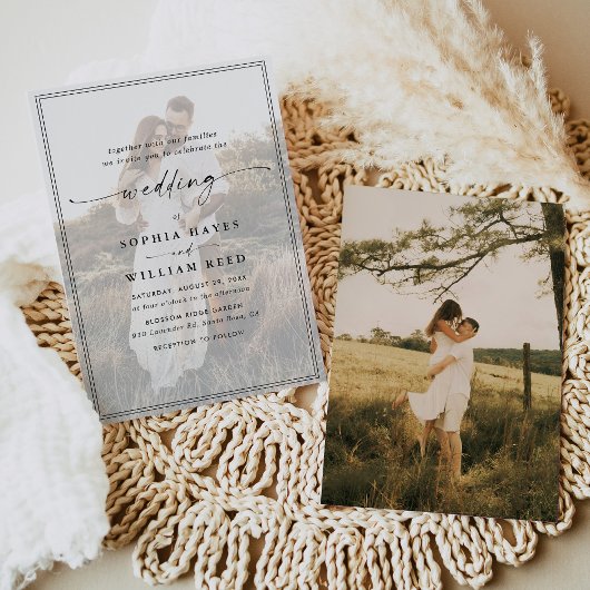 Einfache Schwarz-Weiß-Overlay Moderne Foto Hochzei Einladung