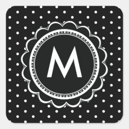 Einfache Schwarz-Weiß-Polka-Dot-Monogramm-Retro Quadratischer Aufkleber