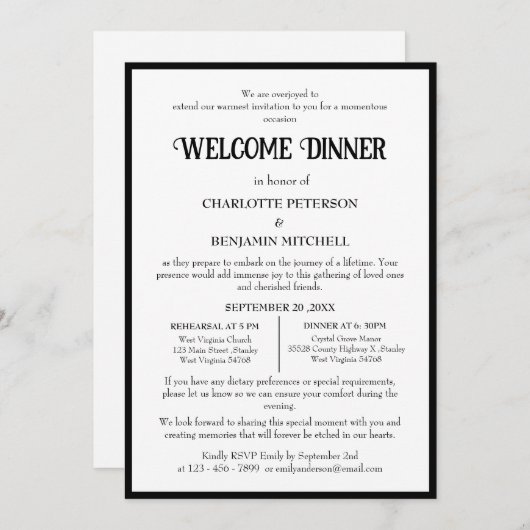 Einfache Schwarz-Weiß-Probe Begrüßungsessen Einladung (Vorne/Hinten)