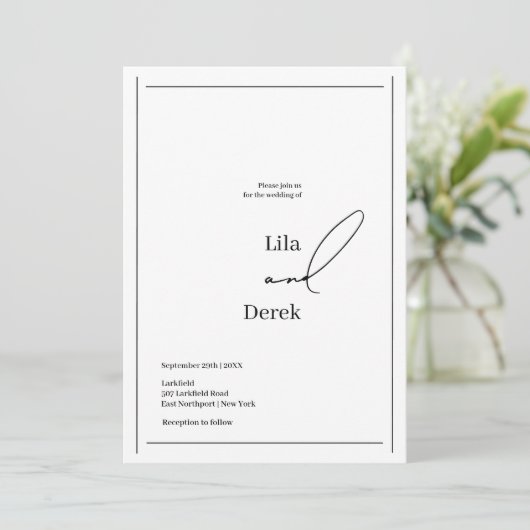 Einfache Schwarz-Weiß-Script-Border-Hochzeit Einladung (Stehend Vorderseite)
