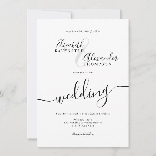 Einfache Schwarz-weiß-Script-Hochzeit Einladung (Vorderseite)