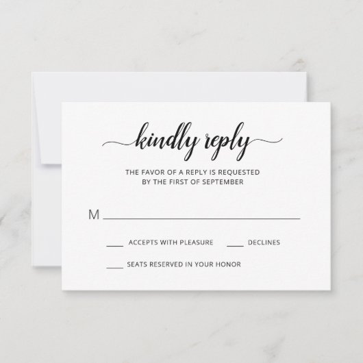 Einfache Schwarz-Weiß-Script-Hochzeit RSVP Karte (Vorderseite)