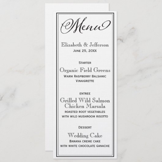 Einfache Schwarz-Weiß-Script-Hochzeitskarte Menükarte (Vorne/Hinten)