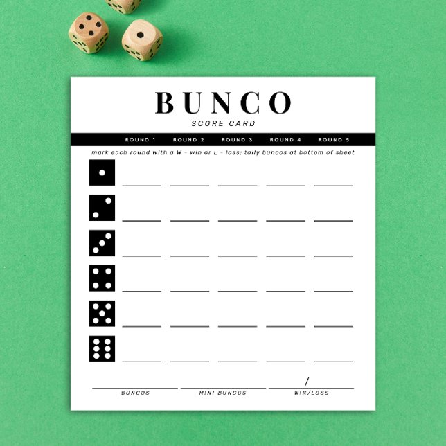 Einfache Schwarz-Weiß-Vierer-Runde-Bunco-Punktkart (black and white Bunco dice game score card)