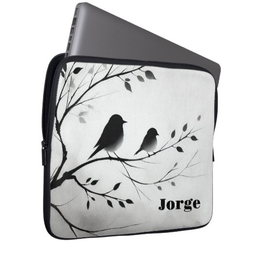 Einfache Schwarz-Weiß-Vögel, die in Bäumen herumbl Laptopschutzhülle (Vorne Rechts)