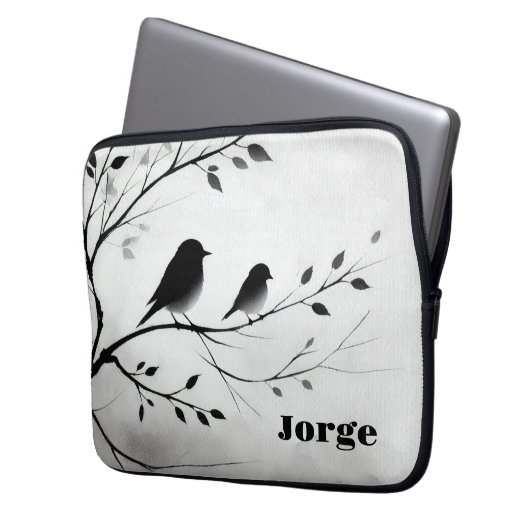 Einfache Schwarz-Weiß-Vögel, die in Bäumen herumbl Laptopschutzhülle (Vorderseite Links)