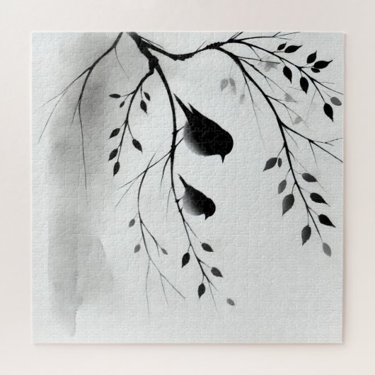 Einfache Schwarz-Weiß-Vögel, die in Bäumen herumbl Puzzle (Horizontal)