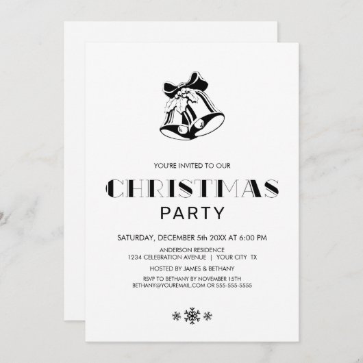 Einfache Schwarz-Weiß-Weihnachtsglocken-Party Einladung (Vorne/Hinten)