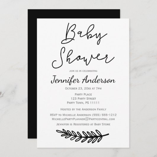 Einfache Schwarz-weiße botanische Baby-mit Einladung (Vorne/Hinten)