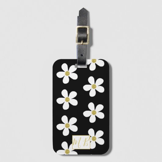 Einfache Schwarz-weiße Daisy Gold Monogram Travel Gepäckanhänger (Vorderseite Vertikal)
